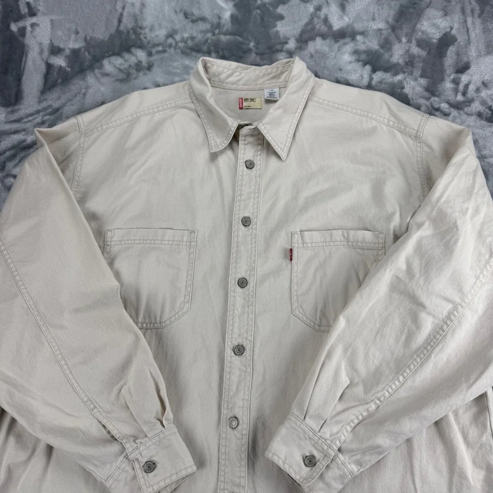 Vintage Y2K Levis Red Tab Mens XL Beige Cotton Twill Work Shirt Long Sleeve